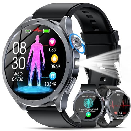 2026 Smartwatch Herren mit AI-GPT/EKG+HRV/Harnsäure/Blutdruck/BMI, Schwarz | 1.53 Rund Gesundheitsuhr 24H Pulsuhr/SpO2/Schlafmonitor/Körpertemperatur, LED-Licht, SOS-Telefon, Fitnessuhr für iOS/Android