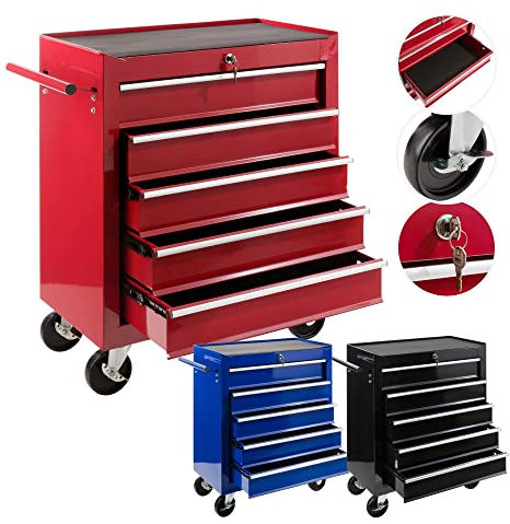 Arebos Werkstattwagen 5 Fächer | Rollwagen zentral abschließbar | kugelgelagerte Schubladen inkl. Antirutschmatten | Werkzeugwagen fahrbar 2 Rollen mit Feststellbremse | Rot