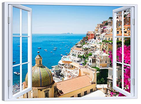 LuxHomeDecor Quadro Finestra Amalfi costiera 100x75 cm Stampa su Tela con Telaio in Legno Arredamento Arte Arredo Moderno