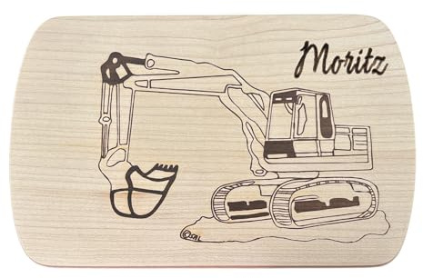 Frühstücksbrettchen Bagger aus Naturholz – Holzbrett mit Baggermotiv – Personalisierbar mit Namen & Gravur – für Kinder & Erwachsene