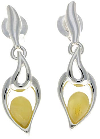 Modern Genuine Pear Lemon Baltic Amber and 925 Sterling Silver Studs Drop Earrings GL152L