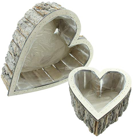 FRANK FLECHTWAREN Pflanzherz 2er Set Pappelholz Folie 20+31 cm | Herzform, Rindenstücke, Folie zum Bepflanzen, Blumen, Kräuter, zwei Größen, Geschenk Muttertag, Garten