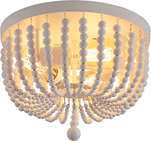 Boho Deckenlampe Wohnzimmer Holzperlen Weiß, Vintage Deckenleuchte | Vintage Design Hängelampe Landhaus Hängeleuchte Holzhaus Pendelleuchte Bauernhaus Küchenlampe Schlafzimmer Flurlampe 3-flame