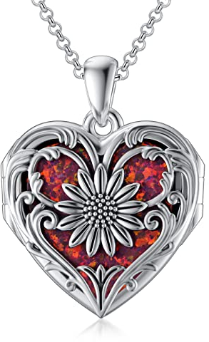 SOULMEET Halskette mit Sonnenblumen-Herz-Medaillon, für Bilder, Fotos, halten Sie jemanden in Ihrer Nähe, vergoldet/massives Gold, personalisiertes Medaillon, Metall, Rot-Opal