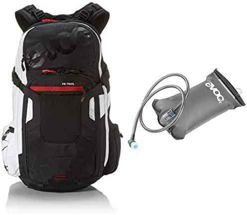 EVOC FR TRAIL UNLIMITED 20l Protektor Rucksack für Bike-Touren & Trails HYDRATION BLADDER 2L Trinkblase für den Rucksack (Größe: XL, Rückenprotektor, Belüftungssystem), Schwarz/Weiß/Carbon Grau