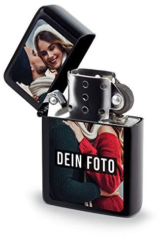 PR Print Royal Benzin-Feuerzeug selbst gestalten - mit eigenem Foto und Text Bedrucken - Foto-Geschenk - Sturmfeuerzeug, Benzin nachfüllbar I Schwarz