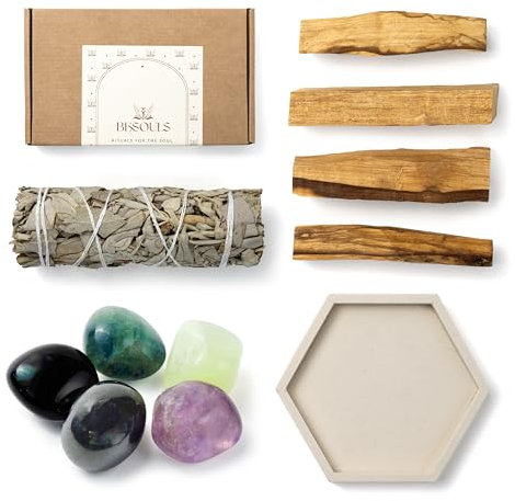 BESOULS Premium Räucherset Schutz: 4-6 Palo Santo Räucherholz, 1 Weißer Salbei zum Räuchern, 5 Schutzsteine, Handgefertigtes Tablett, Spirituelle Geschenke, QR mit digitalem Inhalt (Schutz)