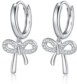 Reffeer Solide 925 Sterling Silber Schleife Creolen für Frauen Mädchen Schleife Baumeln Ohrringe Schleife Huggie Ohrringe Tropfen