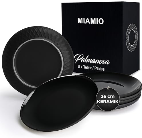 MIAMIO - Teller Set (26 cm) 6er Set Speiseteller - Palmanova (Schwarz) | Modernes Keramik Teller Set, Teller für Hauptspeisen, Große Teller, Steingut Geschirr - spülmaschinenfest