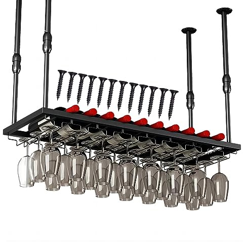 LIGUOYI 10 Piezas Soporte Para Copas De Vino De Techo, Colgador Para Copas Fácil De Montar Bastidor De Copas Altura Regulable Ahorro De Espacio, Para Bar Cocina Negro/Dorado Soportes Para Copas