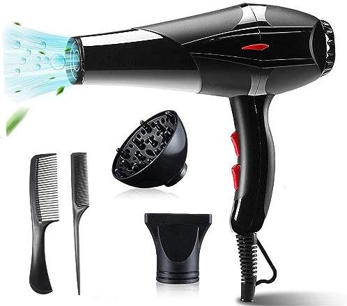 Secador de Pelo Profesional Iónico 4500w iones Motor AC 3 Temperaturas 2 Velocidades, 1 Concentrador y 1 Difusor, Rápido Secado Cabello