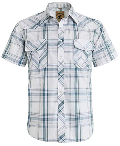Coevals Club Mens Shirts Short Sleeve Casual Push Button Plaid Suit Regular Fit Western Cowboy Pearl Snap Two Pockets Work Derss Button Up Shirts (White Plaid #28 L)