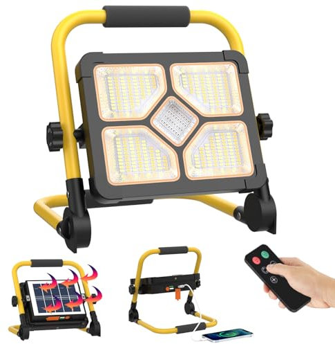 ERAY 150W Faro LED Ricaricabile, Faretto LED da Cantiere Portatile Con Telecomando/Supporto/5 Modalità/Batteria da 15000mAh/296 perle LED/Pannello Solare, Ideale per Emergenza, Campeggio, Riparazione