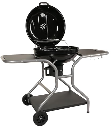 Barbecue BBQ braciere doppia griglia con 3 ripiani e ruote HWC-N16 acciaio 143x131x66cm nero