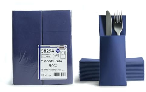 AROBA 100 x Airlaid Cutlery Napkins (Blue, 32 x 40 cm), High-Quality Napkin Pockets, Ready-Folded Cutlery Pockets, Fabric-Like Airlaid Napkins