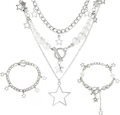 Stern 3-stück Damen Layered Kette Silber und 2-stück Armband Stern Mehrreihige Halskette Vintage, Anhänger Halskette Verstellbare Perlenkette für Frauen und Mädchen
