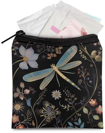 BYCHECAR Dragonfly Flower Sanitary Napkin Storage Bag Period Bags Sanitary Pad Storage Pouch Tampon Pantyliners Menstrual Purse Zipper for Women Teen Girls School Travel Feminine Product