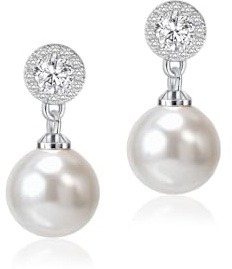 Elegant Imitation Diamond Pearl Drop Earrings Bride Bridesmiad Dangle Pearl Earrings for Women Wedding Party Everyday Wear (White)