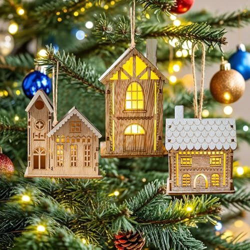 Nexoria Weihnachtsdeko Holzhaus Beleuchtet, 3 Stück Weihnachtsdorf mit Beleuchtung Hängende Weihnachtshaus Beleuchtet Holz Haus Weihnachtsdorf Häuser Anhänger Miniatur Haus Deko für Innen Außen