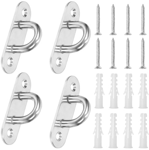 Swpeet 4 piezas M5 304 Gancho de placa de ojo de almohadilla ovalada de acero inoxidable plateado con tornillos y anclajes de plástico, kit de surtido, ganchos de hardware marino, ganchos en U para