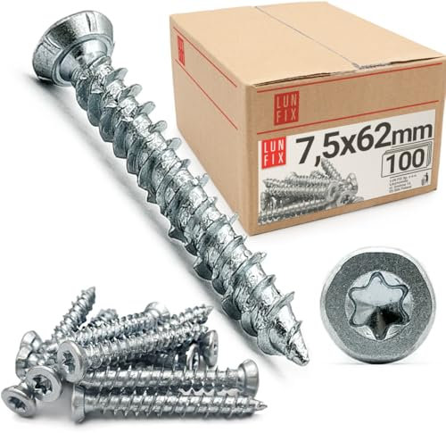 Vis de Cadre de Fenêtre 7.5x62 – 100 Pièces – Chevilles Béton avec Vis Inox Tête Fraisée pour Maçonnerie, Mur, Parpaing, Brique – Cheville Longue Charge Lourde – Lun Fix