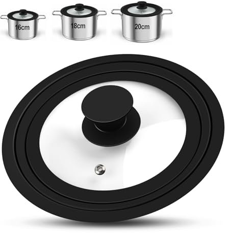 Coperchio Universale Nero, Adatto a Pentole da 16 cm, 18 cm, 20 cm di Diametro, Coperchio in Vetro per Pentole e Padelle, Bordo in Silicone Resistente al Calore