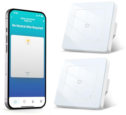 SMARTERCURRY Zigbee Smart Lichtschalter Unterputz Schalter 1 Weg 2 Stücke | Kein Neutralleiter Erforderlich/Tuya Hub Erforderlich/Touch Lichtschalter/Zeitschaltuhr/Smart Life/Smart Home/Alexa/Google