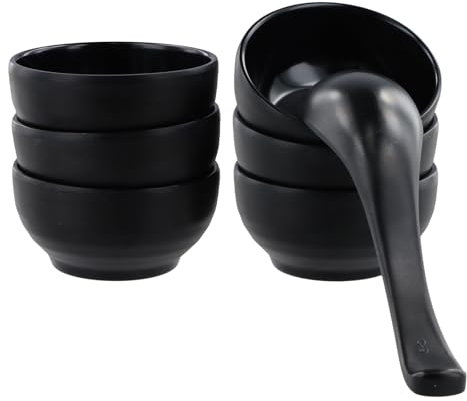 Anseom Ceramic Dipping Sauce Dishes Mini Bowls Set of 6 Small Appetizer Dip Pinch Bowls 90ml Soy Sauce Dishes with 1× Spoon for Condiments, Sushi, Ketchup, BBQ (Black)
