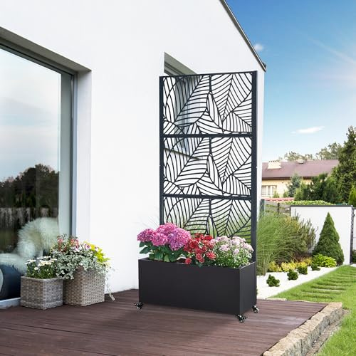 casa.pro Blumenkasten mit Sichtschutz Surnskoki Pflanzkübel mit Rankgitter Metall Pflanzkasten Balkon 190 hoch Outdoor Trennwand mit Rollen Garten 190 x 82 x 38 cm Schwarz