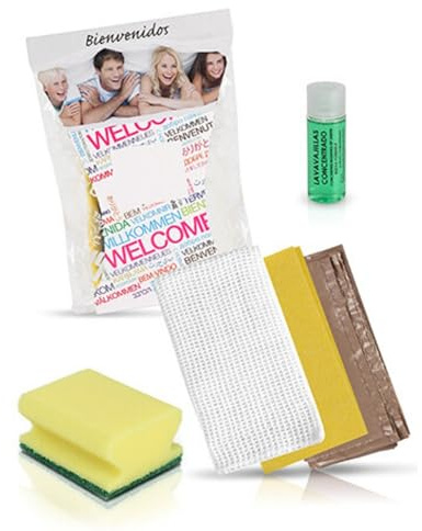 INTERCABO Kit de Limpieza para Apartamentos Turísticos – 40 Unidades con Bayeta Amarilla, Paño de Algodón, Esponja Salvauñas, Lavavajillas 30ml y Bolsa de Basura – Hecho en España