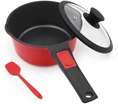 Bobikuke Kasserolle 18cm mit Deckel, 2L Antihaft-Stielkasserolle mit Abnehmbarer Griff, Milchtopf Geeignet für alle Herdarten, Ofenfest (Rot-Schwarz)