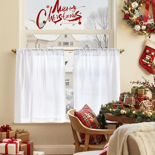 TOPICK White Striped Voile Net Kitchen Curtains 24 Inch Drop Sheer Light Filtering Short Tier Cafe Curtains for Bathroom Cupboard Living Room Door Small Window Rod Pocket 2 Panels