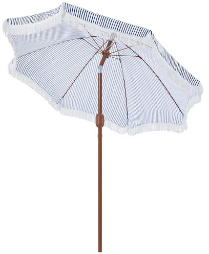 Yaheetech Parasol de Jardin d'extérieur avec Franges, 236/275cm, Parasol Inclinable, Anti-UV/l'eau, avec Canopée Réglable, Manivelle, 8 Baleines, Housse Bleu et Blanc