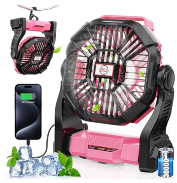 Art In Real 30000mAh Rechargeable Camping Fan with LED Lantern,Portable Battery Powered Outdoor Fan for Bedroom,Camping,Travel,Hiking,Beach,Office,Trave Accessories(Pink)