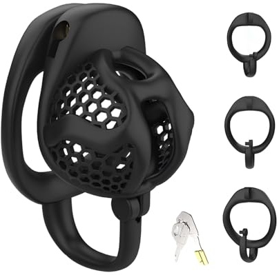3D-Gedruckter Peniskäfig Sexspielzeug Chastity Cage Männer mit Haken Hat 3 Ringe Atmungsaktiver Keuschheitskäfig aus Leichtem Harz Cock Cage mit Schloss für Penisfesseln des Mannes (B,Black)