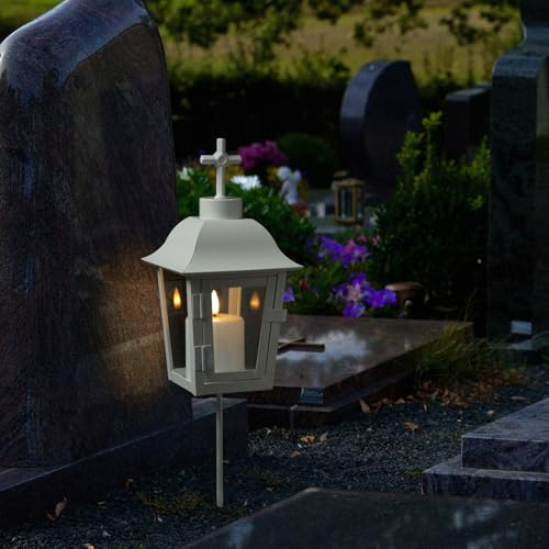 Grablaterne mit Mini LED Kerze Grablicht mit 2 wechselbarer Spitzen (kugel, Kreuz) und Erdspieß Grableuchte Grablampe Friedhofslaterne Gartenlaterne weiß (Laterne mit Kerze/Typ1)