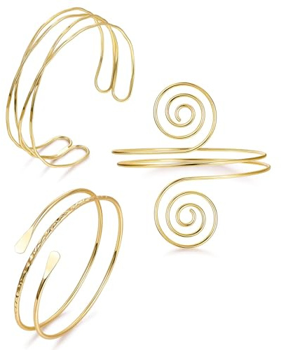 TELAIN 3 Stück Gold Armreif Oberarmreif für Damen, Einstellbare Armreifen aus Hochwertigem Metall, Boho Stil Goldene Armreifen, Perfekt für Partys und Alltag（Stil 4）