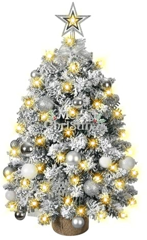 MaxEarn Árbol de Navidad pequeño de 60cm con iluminación, plateado blanco artificial con iluminación LED, punta de estrella del árbol, lazo, bola de Navidad, árbol de Navidad decorativo de mesa