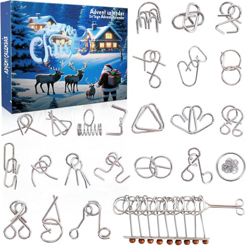 Adventskalender 2025 Knobelspiele für Kinder & Erwachsene-24 Tage von Weihnachtskalender Geschenke mit Metall Knobelei und 3D Holzk, IQ Puzzle für Jungen Mädchen Teenager1 (green)