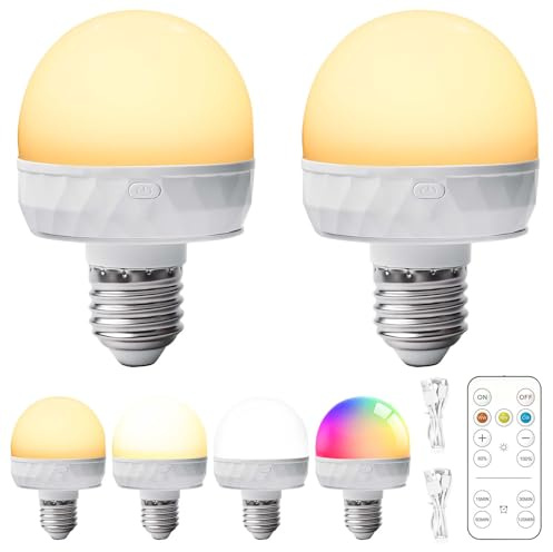 GBKDQQ Bombilla recargable con mando a distancia, 2 unidades de material de PC, bombilla LED regulable E27, bombilla magnética RGB LED, bombilla con función de temporización, luz de emergencia para