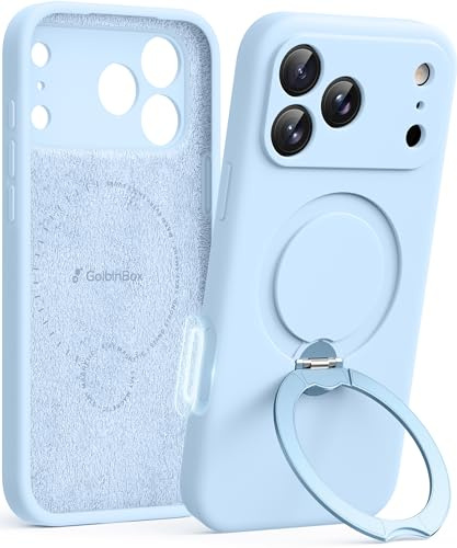 GolbinBox for iPhone 17 Pro Max Case with 360° Spin Magnetic Stand, [Compatible with MagSafe] [Full Camera Protection], Shockproof Liquid Silicone Case with Ring Stand for 17 Pro Max 6.9'', Light Blue