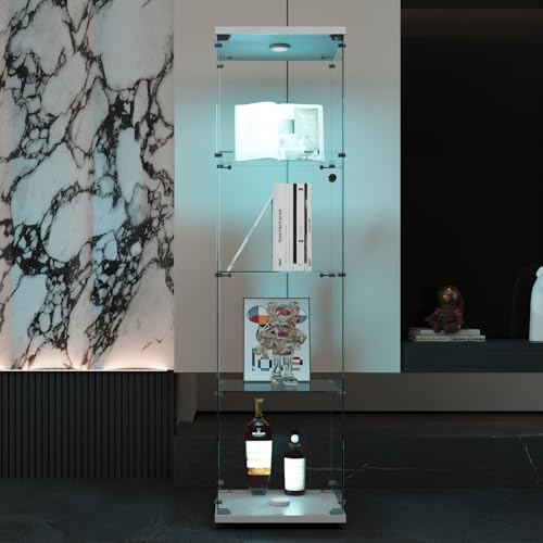BRILVERDE Vetrina Esposizione 4 Ripiani con Luci LED e Serratura, Ante in Vetro, Mobile Vetrina per Collezioni, Libri, Vini, Ufficio e Soggiorno (Bianco, 164x42.5x36.5 cm)