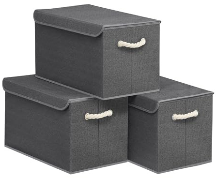 SONGMICS Aufbewahrungsbox mit Deckel, klappbar, 3er Set, 50 x 30 x 30 cm | Stoffboxen, Aufbewahrung, Organizer, Griffe, für Kleiderschrank, schiefergrau, TINA Kollektion RFB050GZ01