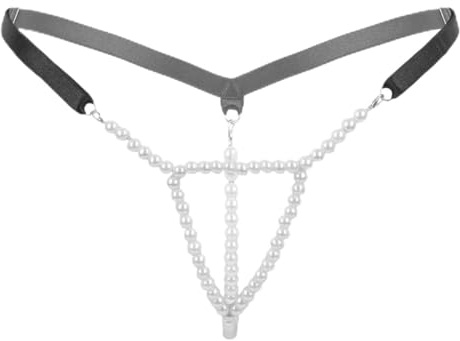 Hansber Femme Strings Tanga Perles Mini Bikini Slip Low Rise Stretch Sousvêtements avec Chaîne Lingerie Dessous Clubwear Noir Taille Unique