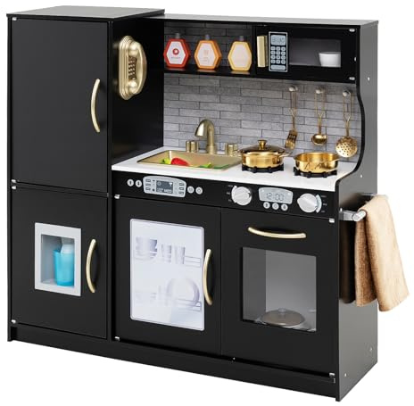 GOPLUS Kinderküche aus Holz, Kinderspielküche mit Mikrowellen, Backofen, Wasserbecken, Kreidetafel & Eismaschine, Stabiler Spielküche mit Spielzubehör, für Kinder 3-6 Jahre (Schwarz)