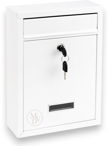 MODOVO Wall Mounted Post Box 31 × 22 × 8 cm Secure Lockable Letter Box with 2 Keys Weatherproof Mailbox for Home, Office & Garden Gate Modern Steel Outdoor Mail Box Nameplate (White)