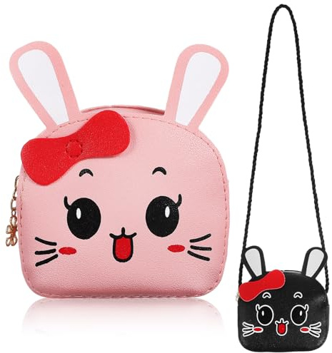 VILLCASE Hasenhandtasche mit Reißverschluss aus Pu Leder 2 Stück für Kinder | Kleine Umhängetasche mit 3d Hasenohren, für Reisen und Einkäufe, für Mädchen, Schlicht Gestaltet