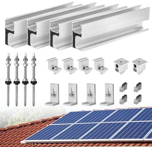 SWAWIS Kit de Soporte de Panel Solar en Aleación de Aluminio con 4pcs 200mm Rieles, Soporte Placas Solares para 2 Módulos de 30-45mm, para Techo Metálico