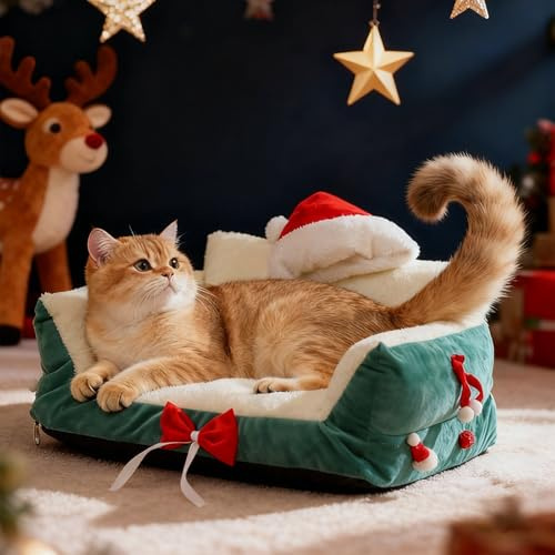 PETCUTE Sofá Cama para Perros y Gatos,Cama Ortopédica para Gatos con Funda Extraíble y Base Antideslizante, Suave y Lavable Camas Navideña para Mascotas,Sofá para Cachorros,Verde,M