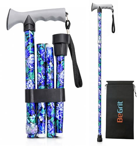 BeGrit Mjukt grepp promenadkäppar för kvinnor, vikbar, promenadkäpp lätt promenadkäpp glitter rörlighetshjälpmedel för vuxna med väska för daglig promenad resor hopfällbar butik för handväska